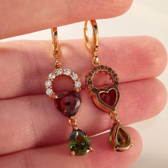 18K Yellow Gold Filled Garnet Red Diamond Zircon Heart Dangle Earrings 1.71ctw - Picture 4 of 4
